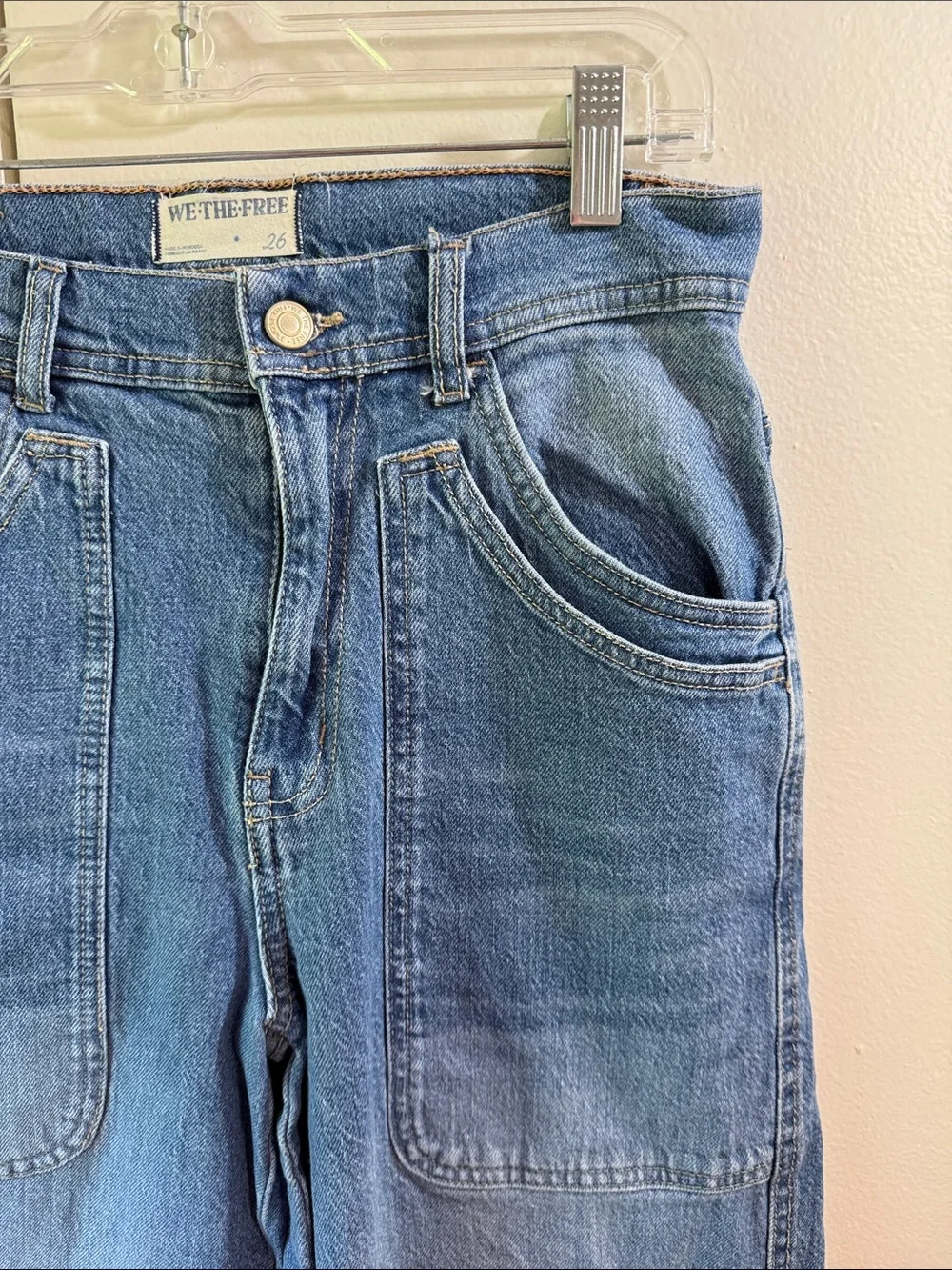 Wide‎ Leg Crop Jeans Free People We The Free Patch Pocket Blue Denim Size 26